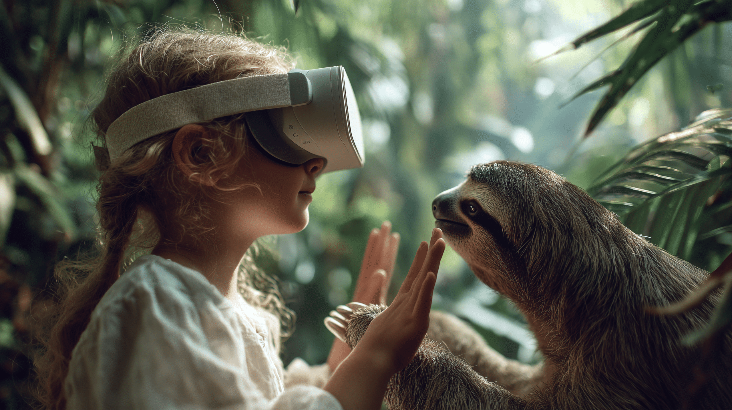AI image of little girl wearing a VR headset reaching out to touch a sloth promoting Newquay Zoo's VR experience
